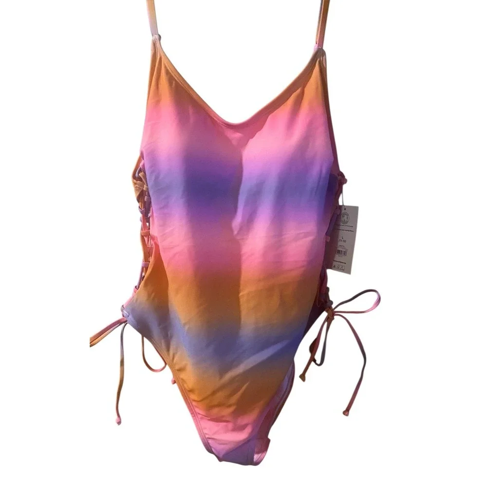 No Boundaries Juniors' Lace Up Ombré One piece Swimsuit-Multi Color (Size XL)NWT